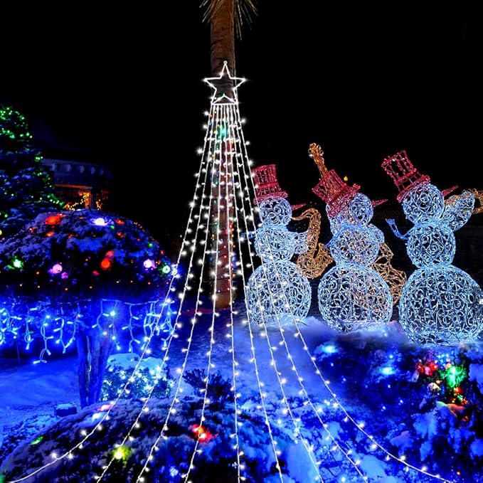 FUNIAO Outdoor Christmas Star Lights 320 LED Waterfall Christmas Tree Lights 8 Lighting Modes Outdoor Christmas Decorations Star String Lights for Outside Tree Wall Yard Xmas Wedding Party (White)