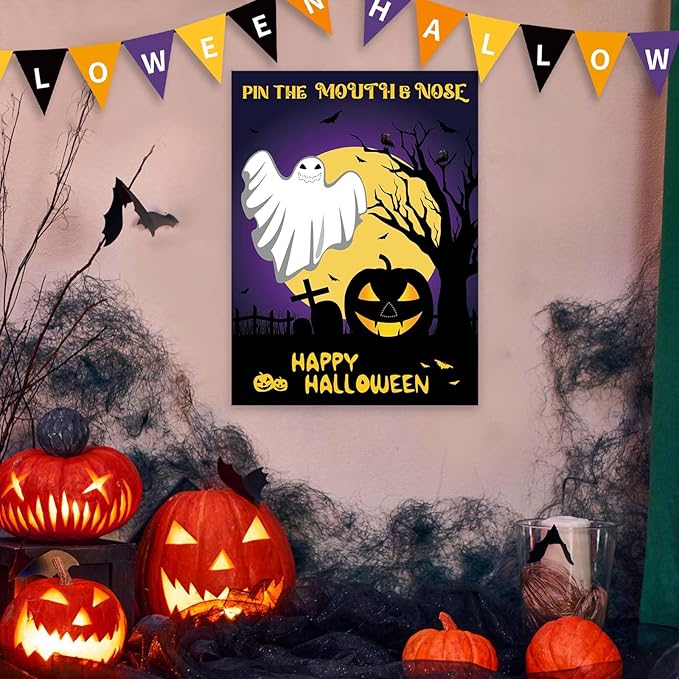 ASTARON Halloween Party Games, Pin The Mouth on Ghost Halloween Party Activities Classroom Games for Children, Kids Birthday Party Games Halloween Party Supplies