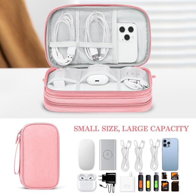 FYY Electronic Organizer, Electronic Accessories Carry Case Portable Waterproof Pouch Double Layers Storage Bag for Travel Cable, Cord, Charger, Phone, Earphone, Medium Size, Pink