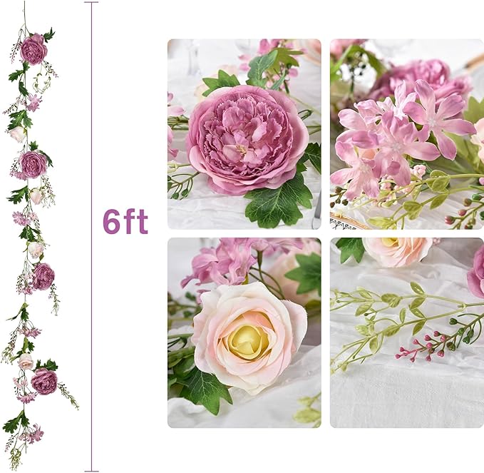 Lvydec Artificial Peony Flower Garland - 6ft Silk Peony Red Flower Garland Arch Flower Vine for Wedding Party Table Decoration (Deep Ruby red)
