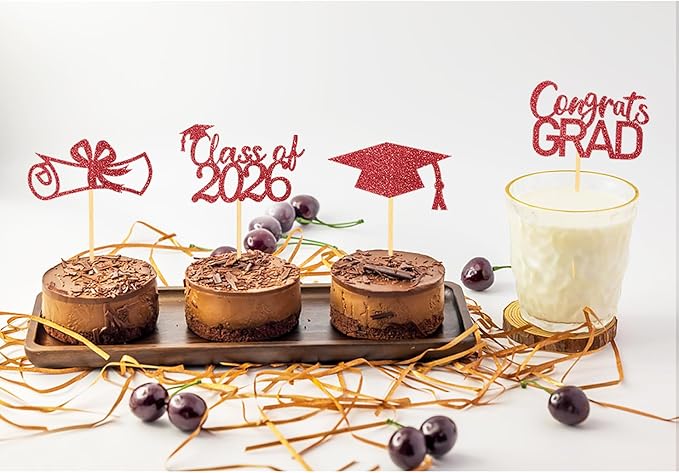 2026 Graduation Theme Cupcake Toppers Glitter Class of 2025 Graduation Cap Diploma Cupcake Picks - Set of 24 (Red2)