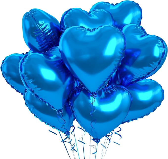 Blue Foil Heart Balloons, 10PCS 18inch Love Shape for Helium Birthday Party Decorations, Boys Men, Baby Shower, Valentines, Wedding, Anniversary