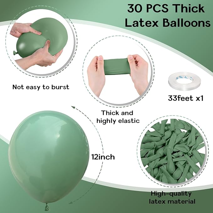 Sage Green Balloons, 30 Pcs 12 Inch Eucalyptus Olive Vintage Green Helium Latex Balloons for Birthday Boho Baby Shower Wedding Party Decorations