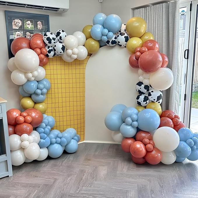 Toy Kids Balloons Arch Kit, Burnt Orange Blue Mustard Yellow Balloon Garland as It's A Story Boy Baby Shower Decorations, Cow Cloud Print Balloons Nude Balloon for First Birthday Party Supplies
