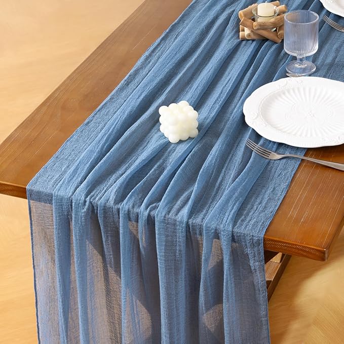 Socomi 3pcs Dusty Blue Easter Spring Gauze Cheesecloth Table Runner 120 Inch Rustic Boho Cheese Cloth Runner for Wedding Party Baby Bridal Shower Centerpiece Decoration Holiday Home Decorations