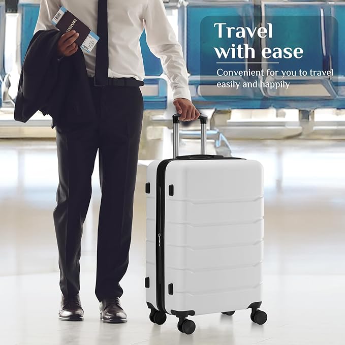 NEWBULIG Suitcases Spinner Wheels Lightweight Expandable Travel Hard Shell Luggage with TSA Lock, White, 3-PCS Set (20/24/28 Inch)