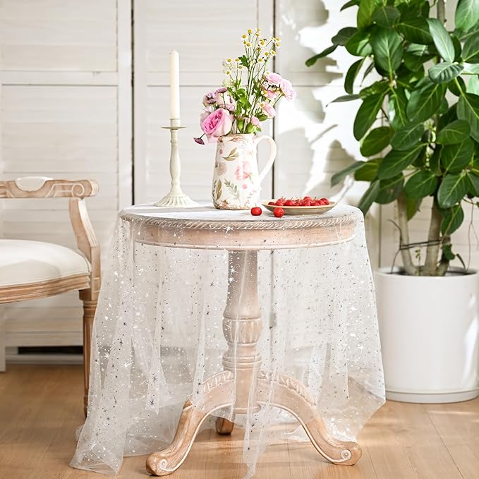Horaldaily White Silver Sparkling Star Gauze Tablecloth 60x120 Inch Rectangular, Silver Star Sequin Glitter Metallic Foil, Sheer Tulle Cheesecloth for Wedding Baby Shower Party