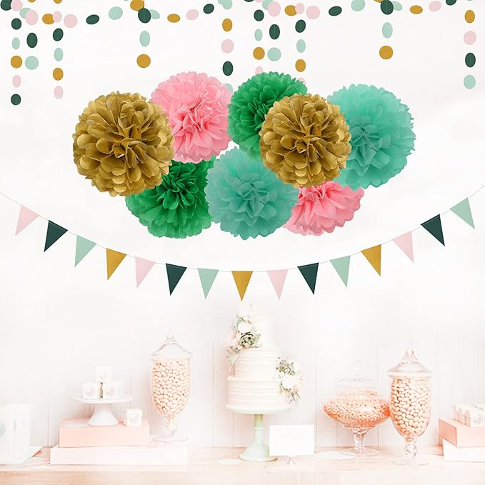 Sage-Green Pink-Gold Baby Bridal-Shower Decorations - 30pcs Rustic Wedding Tissue Pom Poms,Tassel Garland Banner,Birthday Bachelorette Engagement Valentines Mothers Day Party Decor Lasting Surprise