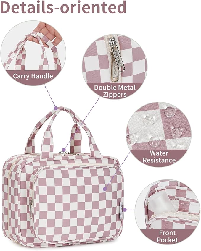 Narwey Hanging Toiletry Bag for Women Travel Makeup Bag Organizer Toiletries Bag for Travel Size Essentials Accessories Cosmetics (Dusty Pink Checkerboard (Medium))