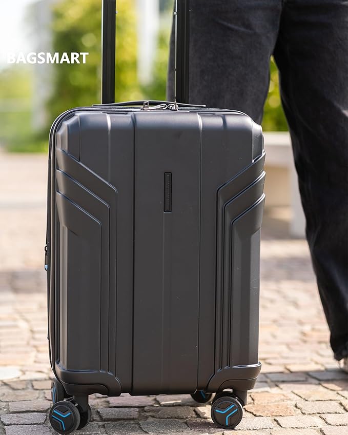 BAGSMART Expandable Carry On Luggage 22x14x9 Airline Approved, 1OO% PC Lightweight Hard Shell Suitcase, 20 Inch Travel Luggage with Spinner Wheels, Waterproof Rolling Suitcase, Black