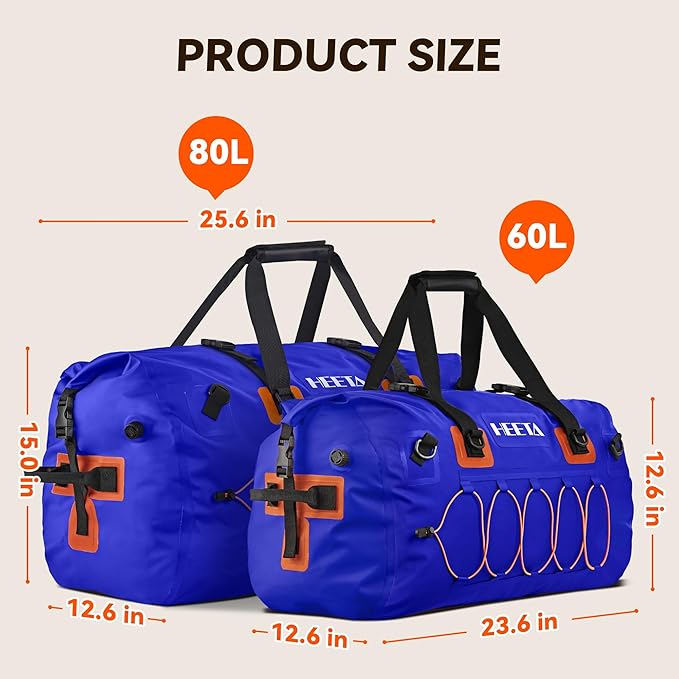 HEETA Waterproof Duffel Bag Motorcycle Dry Bag Backpack, 60L/80L Extra Large Rolltop Travel Duffle Bags with Straps & Handles for Kayaking Rafting Boating Canoeing Camping Gym Beach Cruise Ship