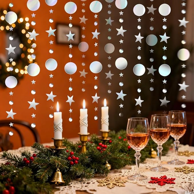 Glitter Star Garlands Decorations, 52 Feet Star Paper Garland Banner, Circle Dot Star Hanging Streamers for Valentine's Day Graduation Wedding Birthday Anniversary Ramadan Party Supplies Decorations
