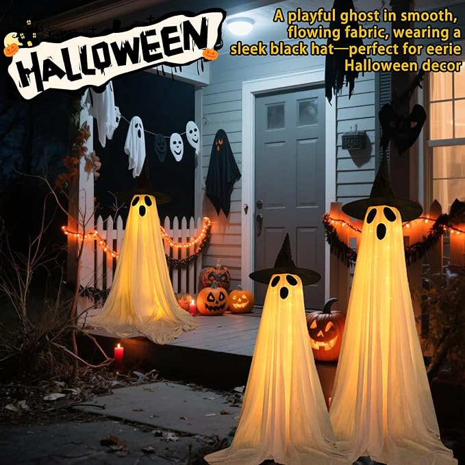 3 Pack Ghost Halloween Decorations Outdoor, Light Up Ghost Decorations with 8 Modes & Timer, Battery Operated Halloween Lights Ghost Decor Indoor Outdoor Room Front Yard, Porch, Haunted House Party