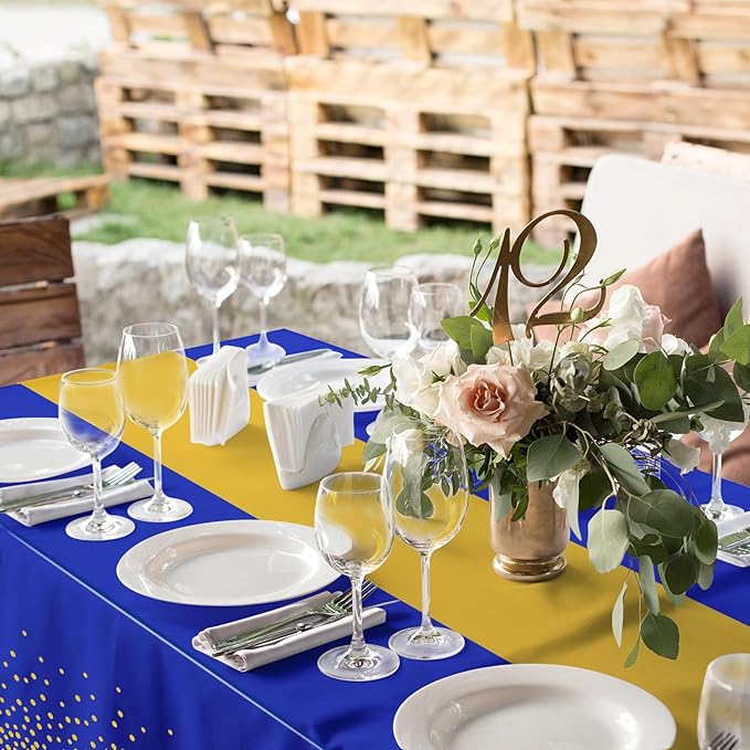 12Pcs Blue Gold Tablecloth Party Decorations,Plastic Royal Blue Table Cloth Printed Gold Tables Runner Disposable Rectangle Table Cover for Birthday Anniversary Wedding Graduation Party,54 x108 Inch