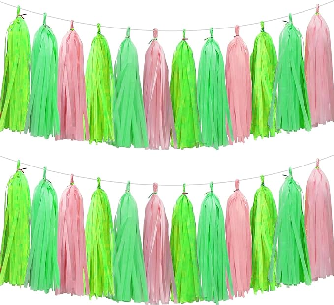 Green Light Green and Pink Tassel Garland Banner Paper Tassels for Party Decorations,Pack of 15