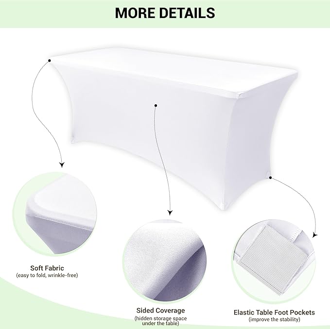 Obstal 6 Pack Stretch Spandex Table Covers for 6 Foot Tables - 6 FT Universal Rectangular Fitted Tablecloth Protector for Wedding, Banquet, Party (White, 72 Length x 30 Width x 30 Height Inches)