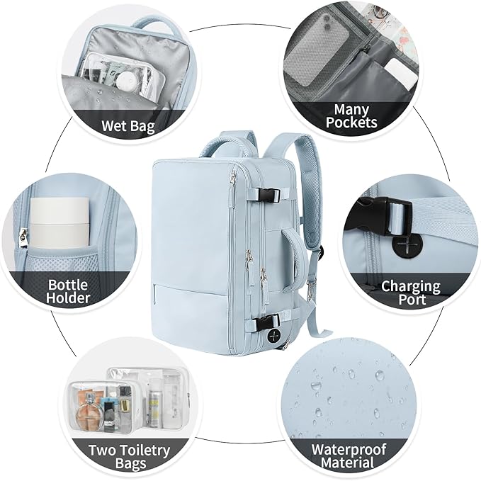 Hanples Large Travel Backpack for Women, 40L Carry on Luggage Backpack, 17 Inch Laptop Backpack with USB Charging Port, Waterproof Casual Bag Gift for Men with 2 Toiletry Bags (Light Blue)