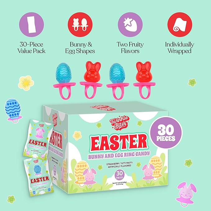30 Pack Easter Ring Candy – Individually Wrapped Holiday Themed Bunny & Egg Lollipops – Strawberry, Tutti Frutti Delicious Flavors – Bulk Suckers Great Use, For Kids, Party Favor, Classrooms Partys, Goodie Bags, Baskets