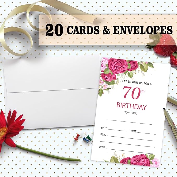 70th Rose Floral Birthday Invitation Cards for Women Men, 70 Years Old Birthday Invites for Adult, Party Supplies Favors, 20 Cards With 20 Envelopes -09