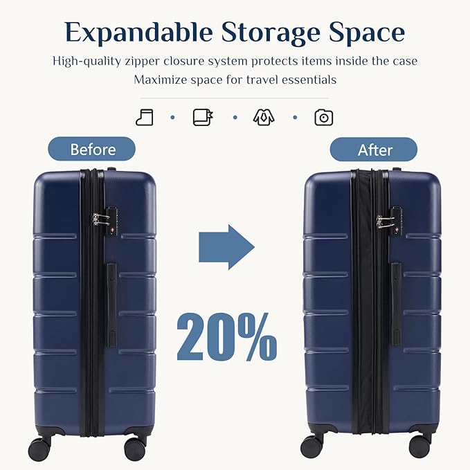 OLIXIS 3-Piece Suitcase Set, Hardside Luggages with Spinner Wheels, Lightweight ABS Hard Shell Travel Luggage, Expandable Carry-On Suitcase with TSA Approved Lock–Blue(20+24+28 Inch)