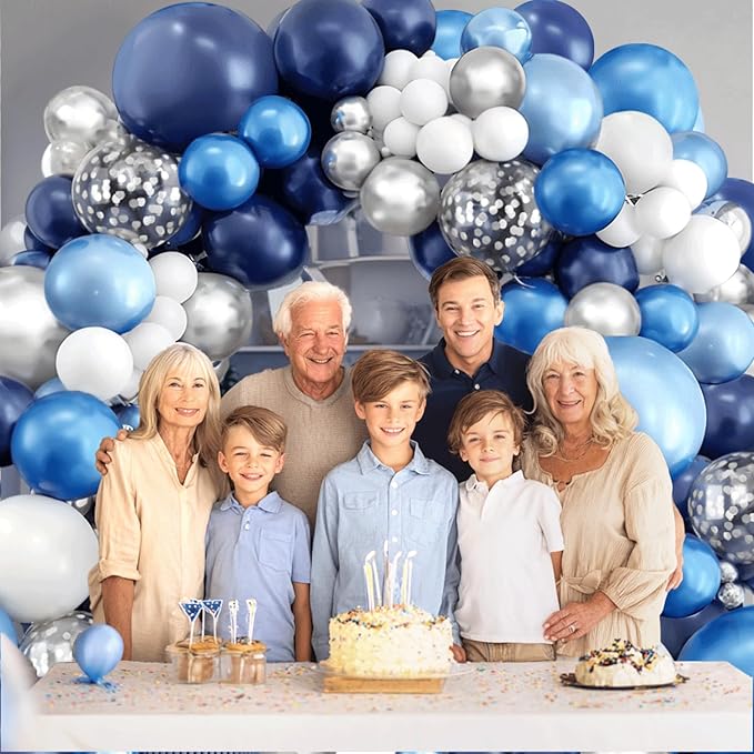 Blue White Silver Balloons Arch Kit, Navy Blue and White Balloons with Metallic Dark Light Blue Silver Conftti Balloons Garland for Graduation Birthday Party Bridal Shower Anniversary Decoration