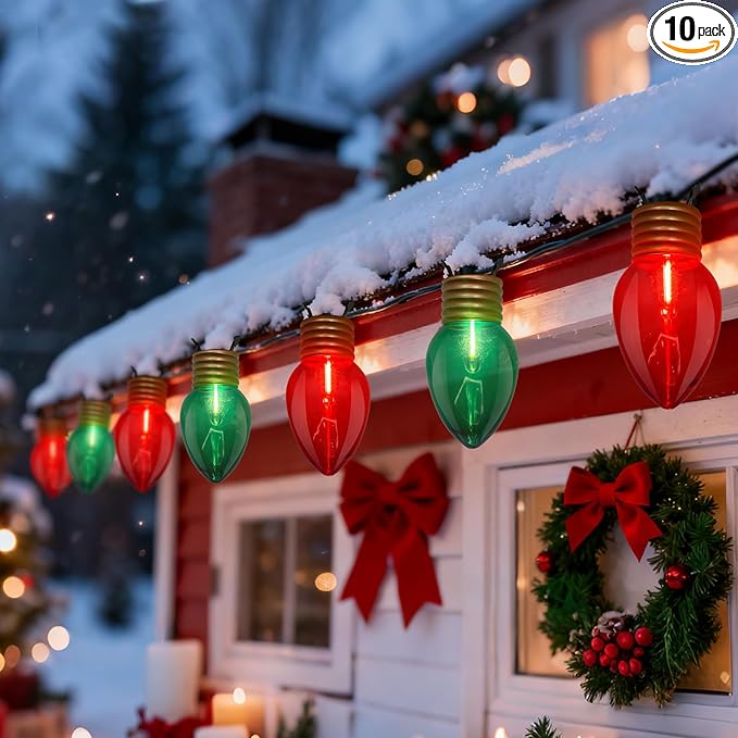 16FT Jumbo Red and Greeen Christmas Lights,Outdoor Giant Christmas Decorations Lights with 10 LED Clear Red and Greeen Bulbs for Tree Holiday Home Roof Yard Garden Decorations