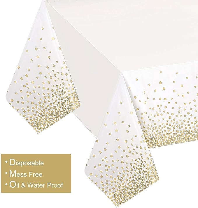 Gexolenu 12 Pack White Plastic Tablecloth for Birthday Party, Gold Dot Confetti Pattern Table Covers for Rectangle Tables, Fit for All Party, Thanksgiving Christmas Wedding, Anniversary,54" x 108"
