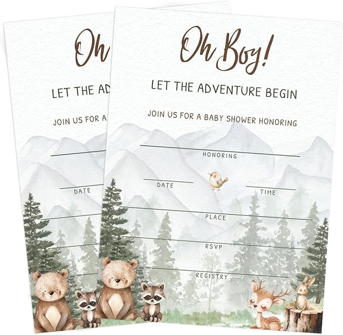 Printed Party Woodland Adventure Baby Shower Invitations – 30 Invites with Envelopes, Forest Animal Theme for Boy