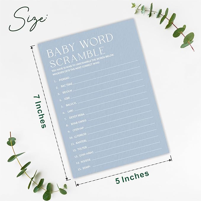 Minimalism Baby Shower Game Kit - Baby Word Scramble - Mist Blue - 30 Fill-In Game Cards & 1 Answer Card, Gender Reveal, Party Favor & Decor