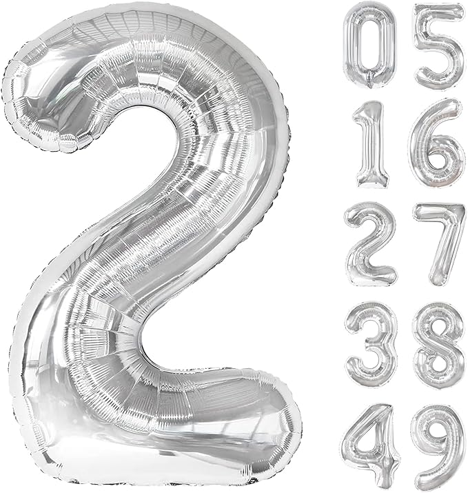 Silver 40 Inch Big Number Balloon Birthday Decoration, Number 2 Helium Balloon 12 20 22 23 24 26 2025 New Years Celebration, Boy Girl Baby Anniversary Party Graduations Supplies Decorations