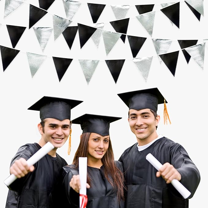Black and Silver Party Decorations Triangle Pennant Banner Flag Metallic Fabric Bunting Garland for Birthday Graduation Retirement Wedding Bachelorette Bridal Shower Engagement Disco Party Supplies