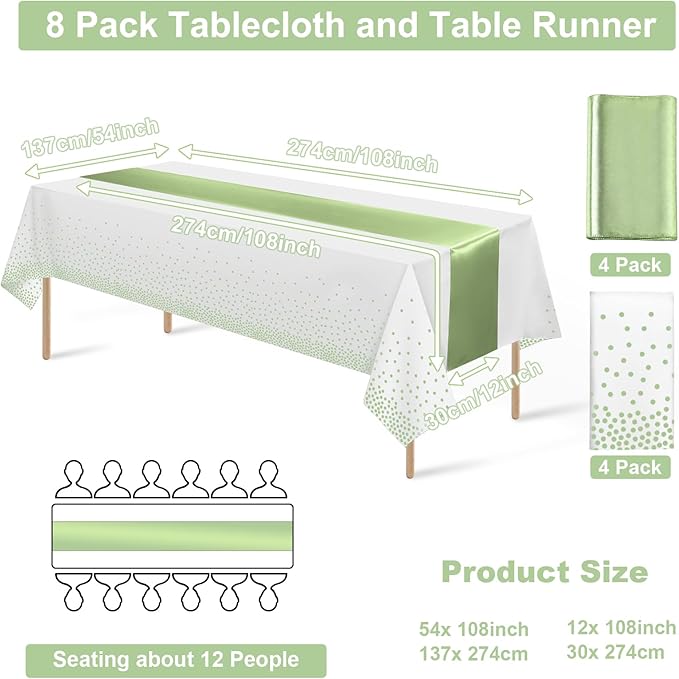 8Pack Plastic Tablecloths and Satin Table Runner Set Disposable White and Sage Green Dot Table Cloth Green Satin Table Runner for Wedding Birthday Baby Shower Anniversary Holiday Party Decorations