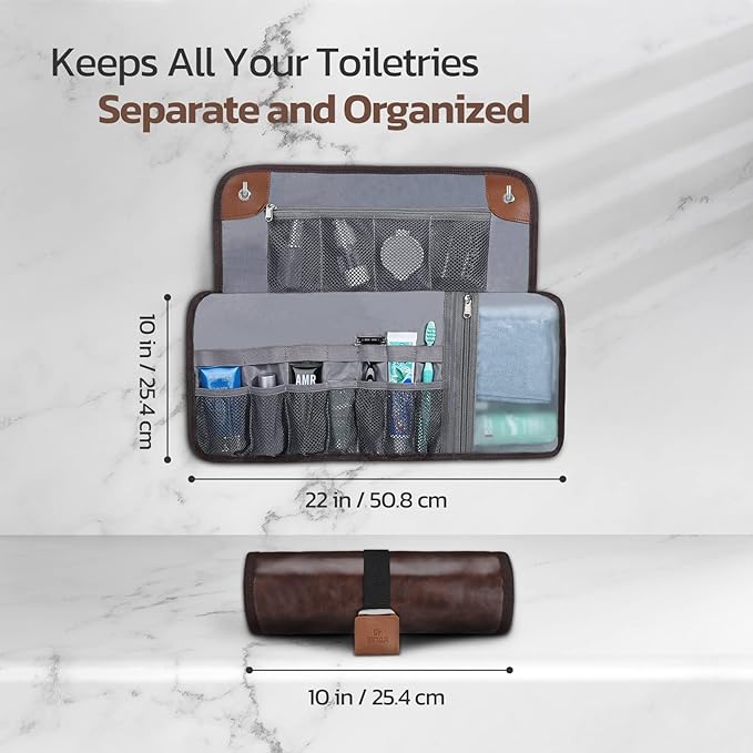 Toiletry Bag for Men, Travel Essentials Travel Toiletry Bag, Water-Resistant Compact Bathroom Roll Organizer for Hygiene, Shaving kit, Gifts for men (1.Chic Brown(PU Leather))