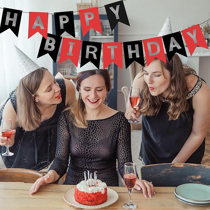 Hooqict Happy Birthday Banner Red Silver Black Happy Birthday Decorations for Kids Men Women Black Party Banner Decorations Supplies Wall Door Garland Sign Bunting Flag