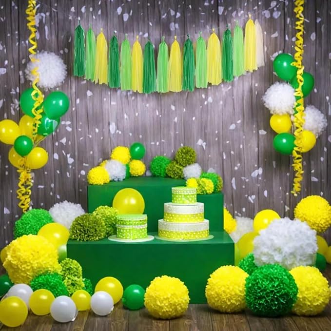 Green Light Green and Yellow Tassel Garland Banner Paper Tassels for Party Decorations,Pack of 15