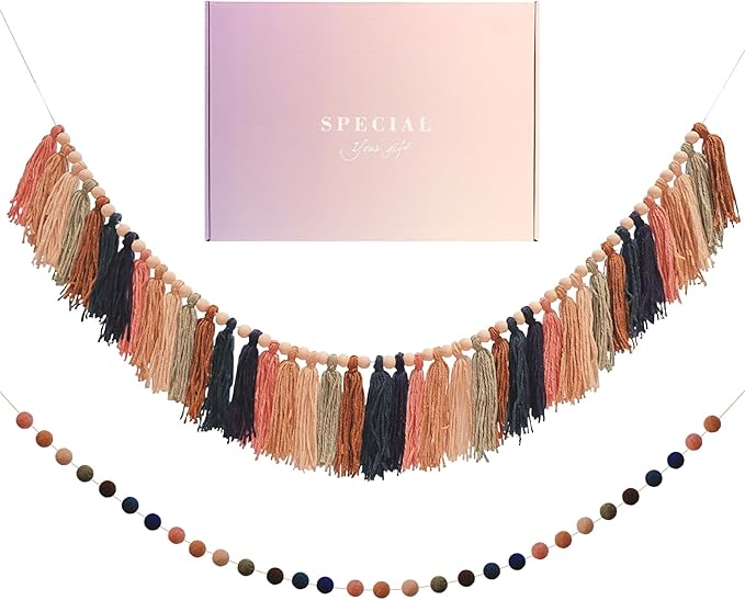 2pcs Longer Fall Tassel Garland, Pom Pom Tassel, Felt Ball Garland, Thanksgiving Wall Hanging Party Decorative Banner Pastel, Home Decoration Wedding Birthday Baby Shower