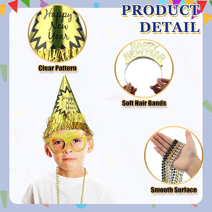 Capoda 192 Pcs New Years Eve Party Supplies 2026 Decorations Kit for 48 Guest with Happy New Year Cone Hat Tiara Headband Glasses Bead Noisemaker Horns Lei Necklace