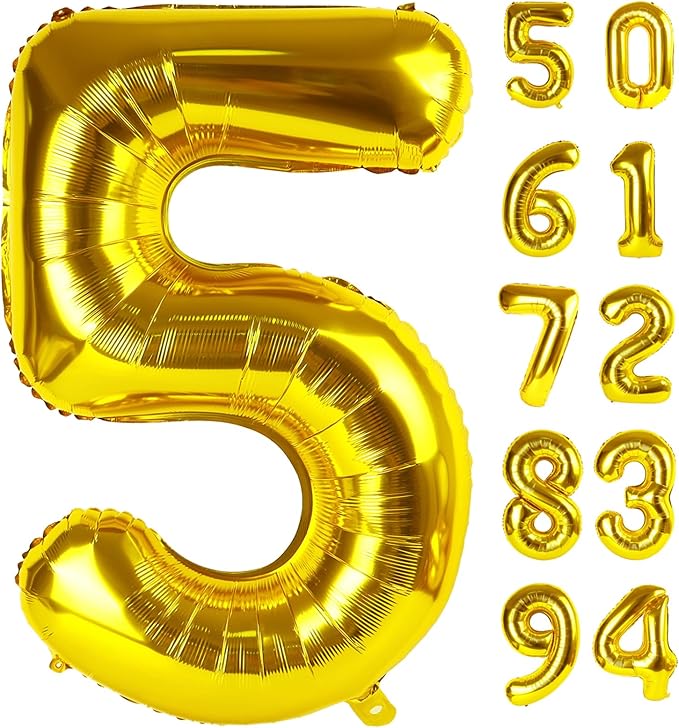 Gold 5 Balloon, Number Balloon 40 Inch, Gold and Black Party Supplies, 5th Birthday Balloon Decorations, 5 Number Balloons, Number 5 Balloon