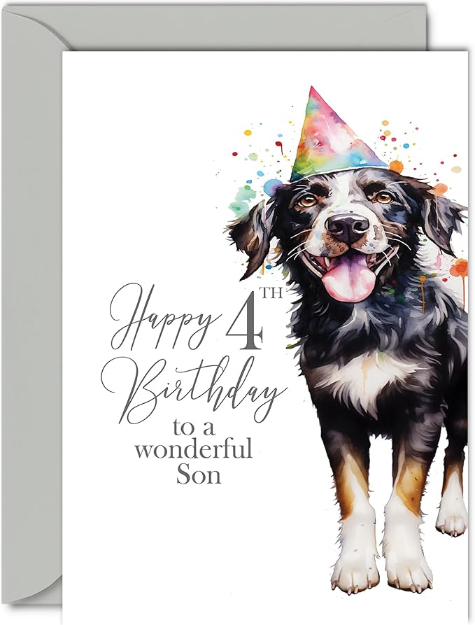 4th Birthday Cards for Son - Party Dog - Happy Birthday Card for 4 Year Old Son from Dad Mum, 5x7 Inch Bday Boys Boy Kids Greeting Cards Gift for Son Birthday Gifts
