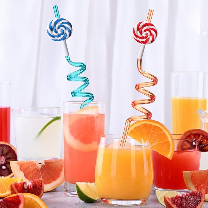 Candyland Party Supplies Drinking Plastic Straws Reusable 24 for Kids Sweet Candy Lollipop Birthday Party Favors with 2 Cleaning brush