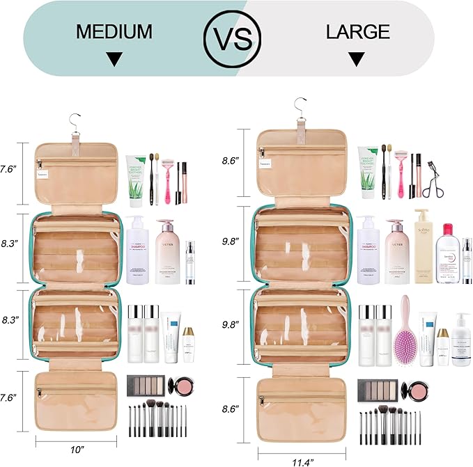 Travel Hanging Toiletry Bag for Women, with Jewelry Organizer Compartment, Medium Waterproof Hanging Makeup Accessories, Cosmetic Essentials, Toiletries Dopp Kit Set with Trolley Belt, Blue