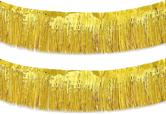 Gold Foil Fringe Garland 10FT 2packs, Metallic Foil Tinsel Fringe Banners for Parade Float Decorations Wedding, Birthday Party Graduation (Two Gold)