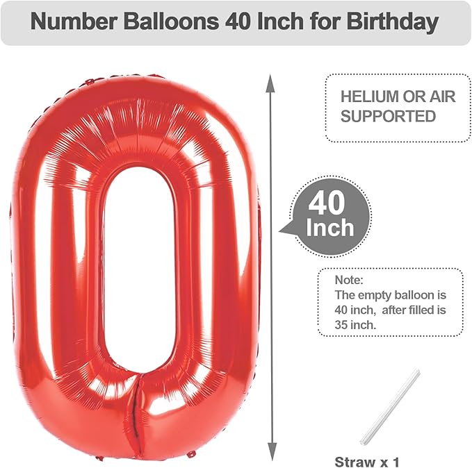 Number 30 Balloons, 40 Inch Balloons for Woman Man 30th Red Birthday Party Decoration, Foil Number Ballon for 30 Valentine's Day, Anniversary, Bridal Shower, Graduation