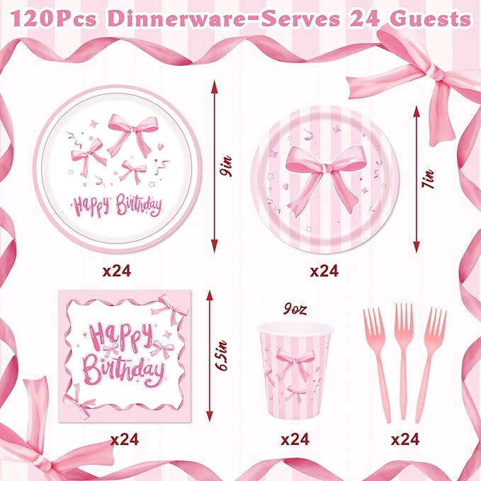 REDWORD Pink Bow Birthday Decorations, 120Pcs Bow Party Tableware Plates Napkins Cups for Pink Birthday Girls Bachelorette Party Decorations-Serves 24