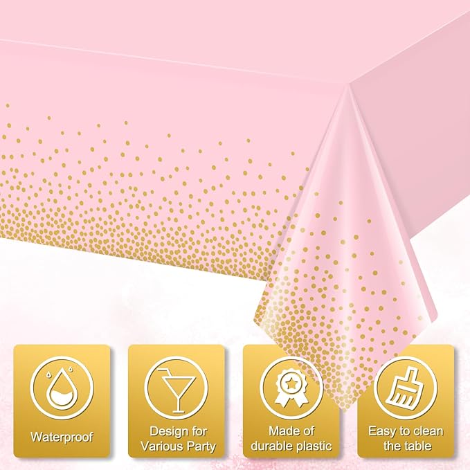 FunnyPars 4 Pack Pink and Gold Plastic Tablecloth for Parties, Pink Disposable Table Cloth for Rectangle Tables, Gold Dot Confetti Light Pink Tablecloth for Birthday Wedding Baby Shower Party, 54x108