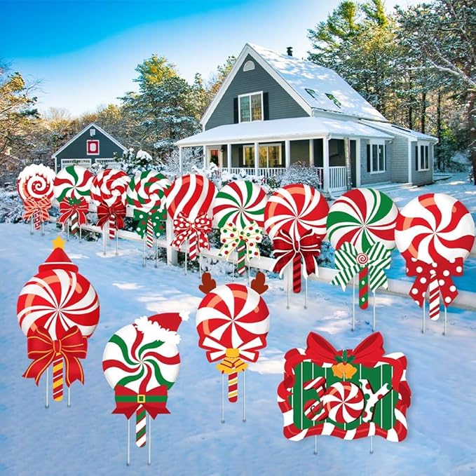JOICEE 13pcs Christmas Outdoor Yard Signs Candy Decorations with LED Lights, Peppermint Lollipop Candy Signs with Stakes for Holiday Party Home Lawn Pathway Decorations Supplies