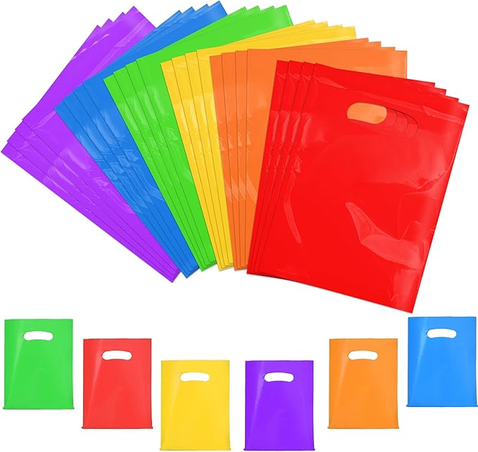 24 PCS Plastic Party Favor Small Gift Bags, 6"x8" Goodie Bags for Kids, Candy Treat Pouches Bulk with Handle for Kids' Birthday Party, Thanksgiving, Christmas, Halloween, 6 Colors