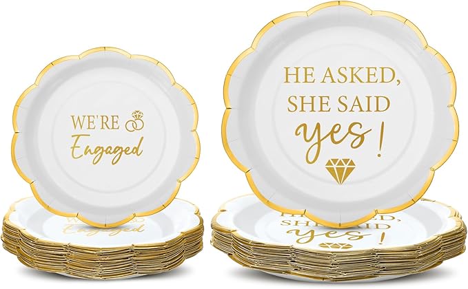 Yungyan 50 Pack Engagement Paper Plates White and Gold Engagement Party Decorations 7" 9" Gilded Edge He Asked She Said Yes We're Engaged Plates for Wedding Birthday Party Bridal Shower Supplies