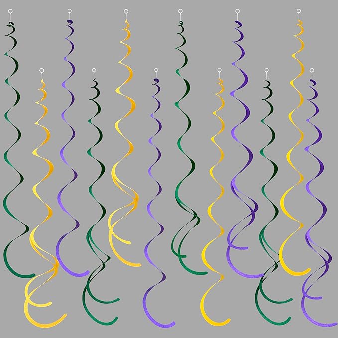 36 Pcs Green Yellow Purple Hanging Swirl Decorations Felt Swirl Streamer Spiral Ceiling Garland Banner for Mardi Gras Masquerade Theme Birthday Baby Shower Wedding Engagement Party Decor Supplies