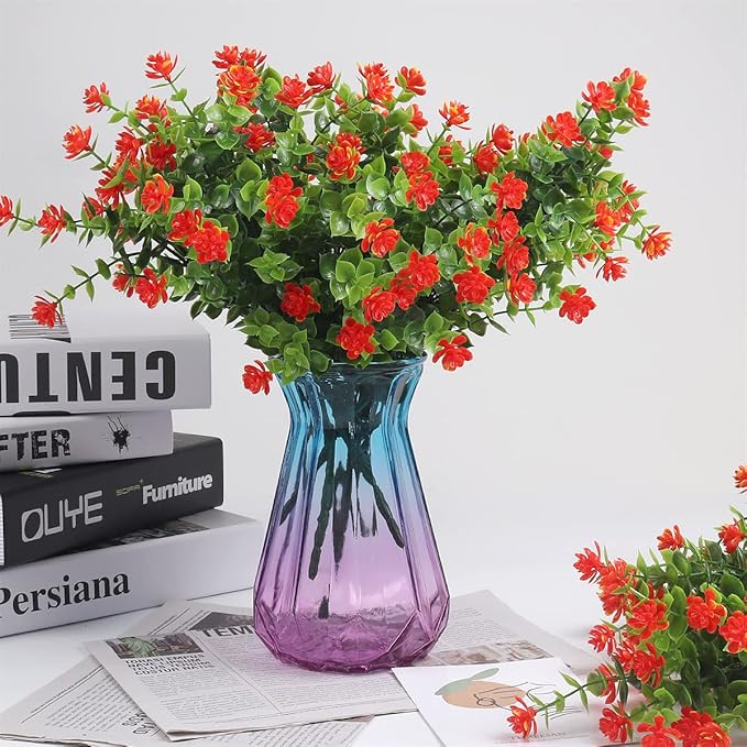RECUTMS 12 Bundles Artificial Fake Flowers, Faux Outdoor Plastic Plants UV Resistant Shrubs Outside Indoor Decorations,UV Resistant Faux Plastic Plants Garden Porch Window Box (Orange Red)